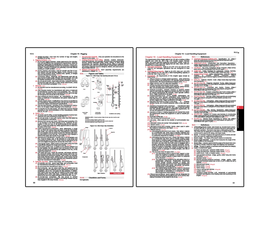 Two-page spread from EM 385 safety manual showing Chapter 15 on rigging with requirements for slings, hooks, shackles, and wire rope configurations, alongside Chapter 16 on load handling equipment outlining standards, inspections, and operational requirements for cranes, hoists, and other lifting devices.