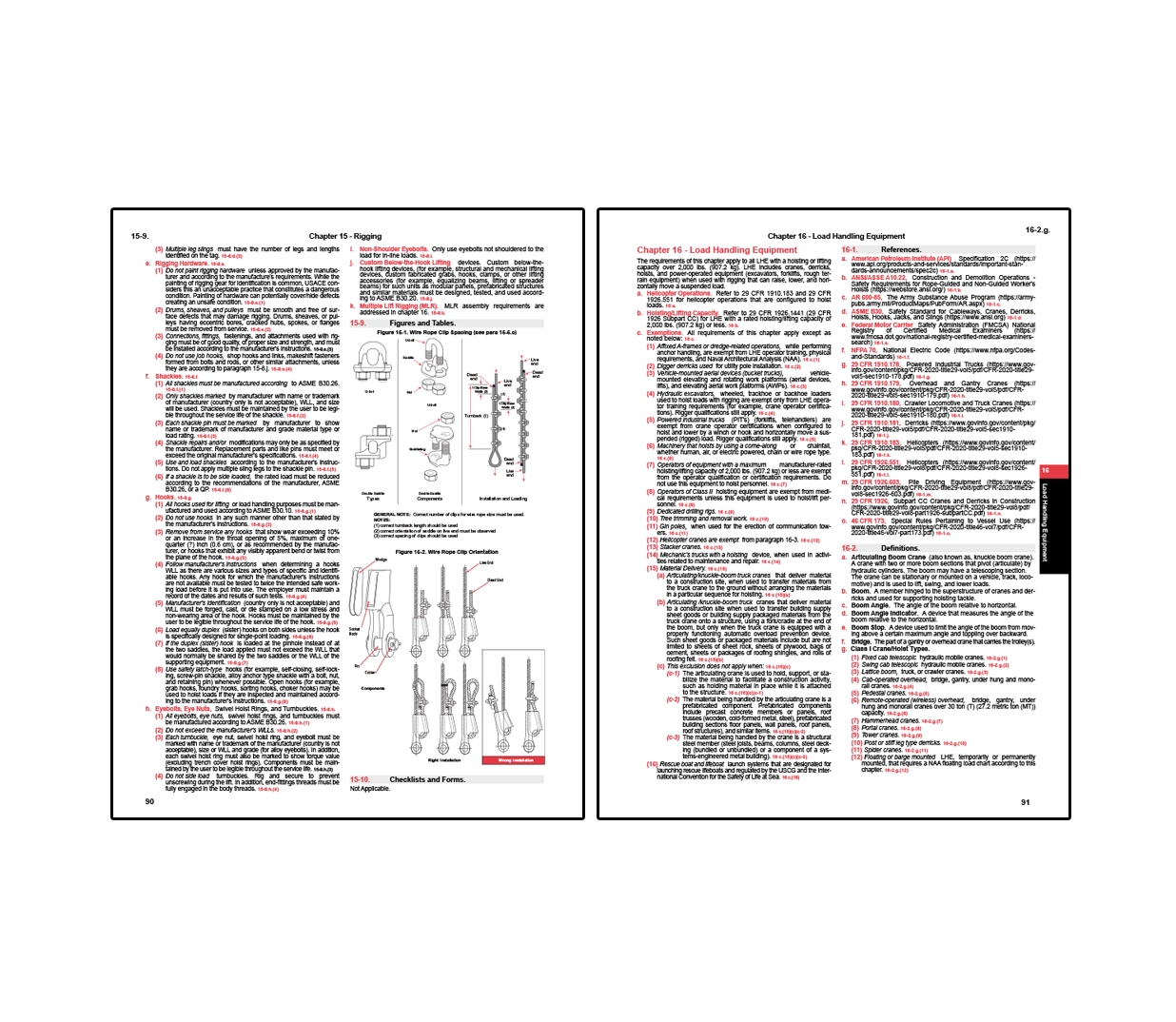 Two-page spread from EM 385 safety manual showing Chapter 15 on rigging with requirements for slings, hooks, shackles, and wire rope configurations, alongside Chapter 16 on load handling equipment outlining standards, inspections, and operational requirements for cranes, hoists, and other lifting devices.