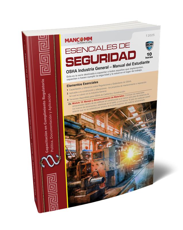 Cover of the ' Essentials of Safety: General Industry' manual with a red and white design, featuring text and an industrial facility in the background.