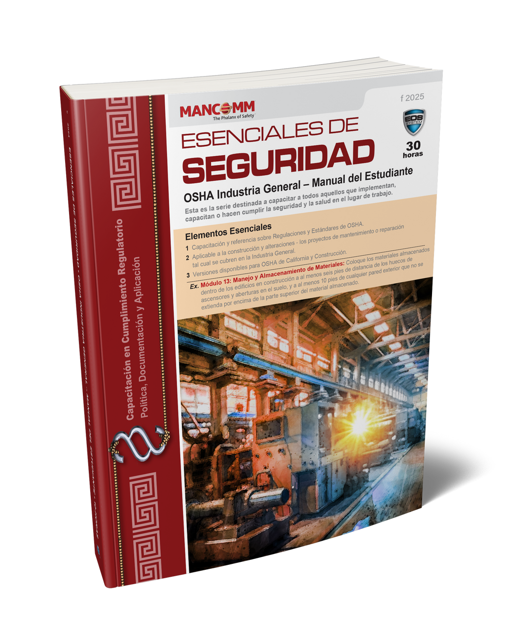 Cover of the ' Essentials of Safety: OSHA General Industry - Manual del Estudiante' showing an industrial facility and the Mancomm logo.