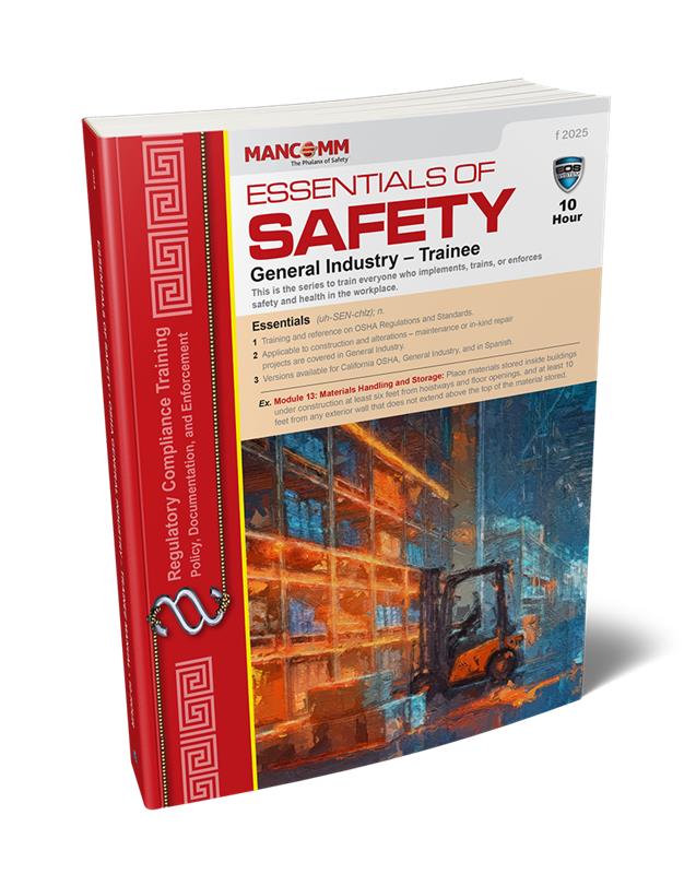 Cover of the 'Essentials of Safety: General Industry - Trainee' book with a red spine, featuring an industrial safety-related image with a forklift in the background.