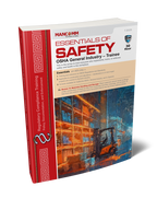 A cover image of 'Essentials of Safety: OSHA General Industry - Trainee' book with red and blue cover design, including the Mancomm logo and title information.