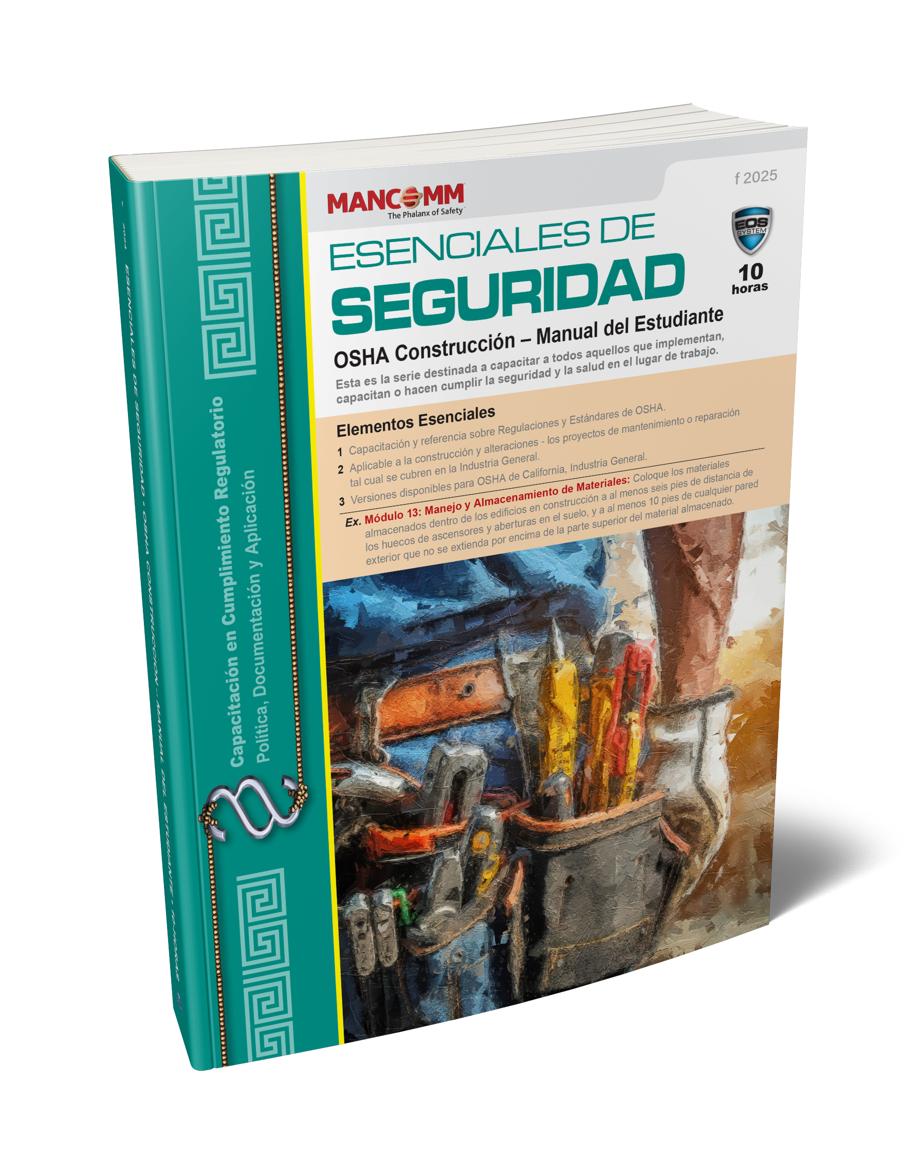 Cover of the ' Essentials of Safety: OSHA Construction' manual in Spanish, with a green and white color scheme, including an image of construction equipment and a safety helmet.