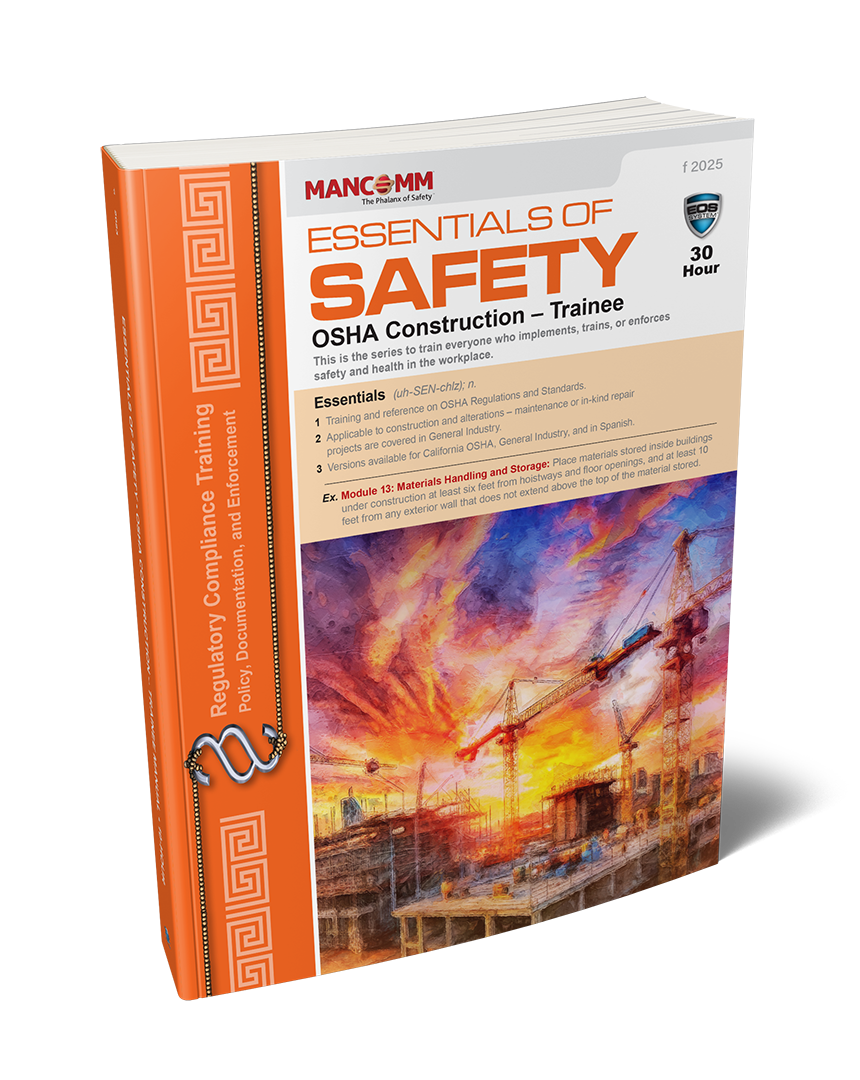A cover image of the 'Essentials of Safety: OSHA Construction - Trainee' manual with a vibrant background and safety-related imagery.