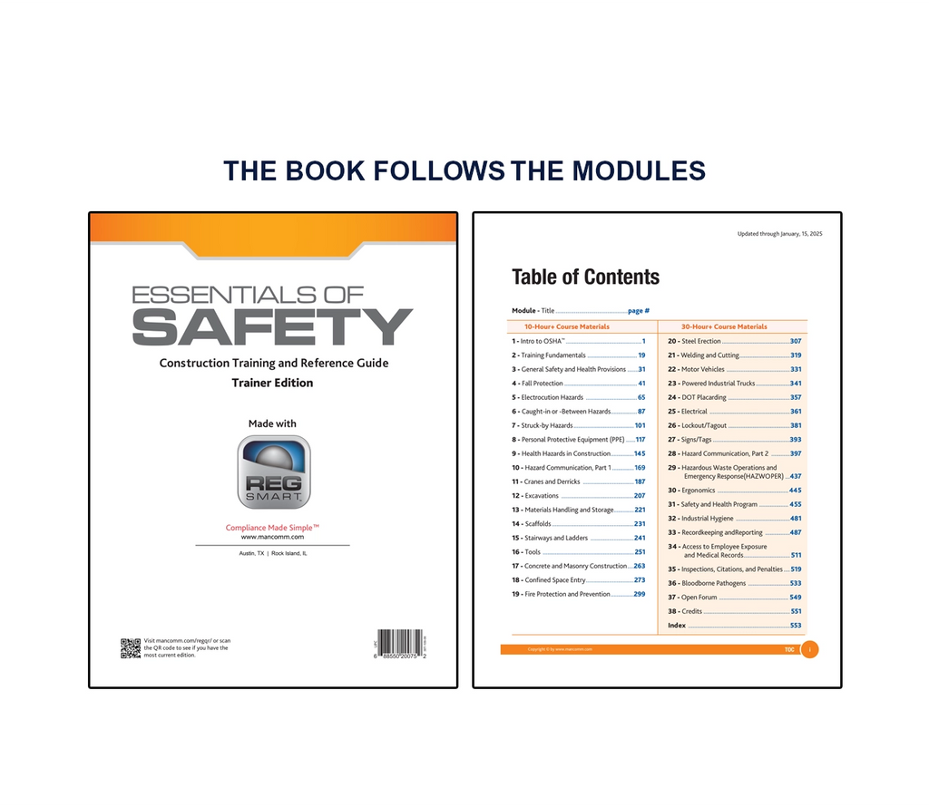 Cover and table of contents pages of the Essentials of Safety construction training manual showing course modules, topics, and page numbers for 10-hour and 30-hour OSHA training materials.