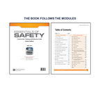 Cover and table of contents pages of the Essentials of Safety construction training manual showing course modules, topics, and page numbers for 10-hour and 30-hour OSHA training materials.