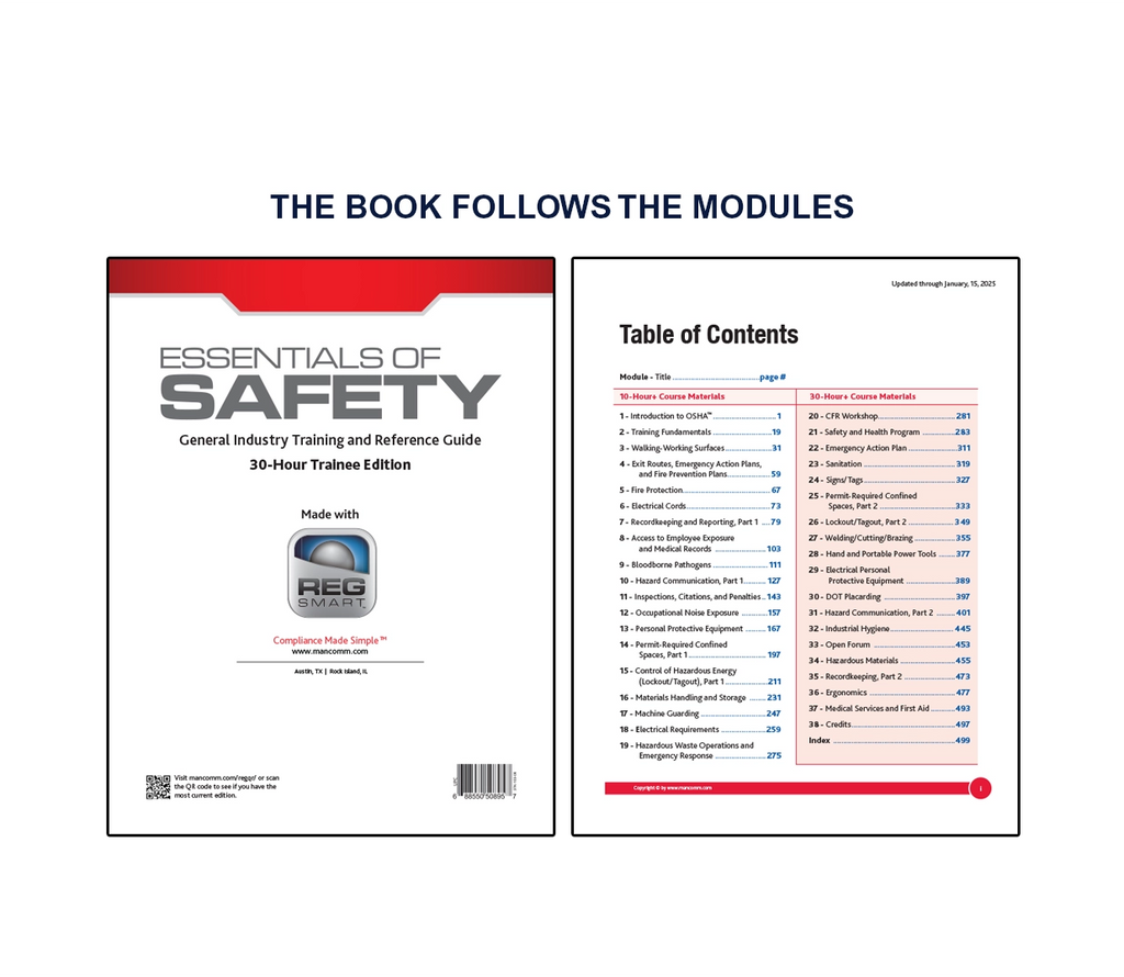Image showing the Essentials of Safety general industry training and reference guide cover alongside a detailed table of contents page listing OSHA training modules and topics for a 30-hour course.