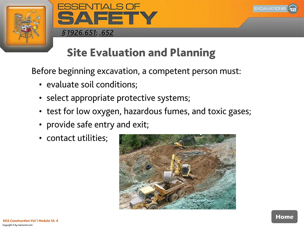 Safety training slide on site evaluation and planning with a bulldozer image.