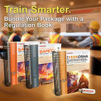 Promotional image showing multiple spiral-bound Essentials of Safety OSHA construction training manuals and a CFR 1926 regulations book on a desk with a branded USB drive, set in front of a classroom of workers in safety vests, with headline text encouraging users to train smarter by bundling a regulation book.