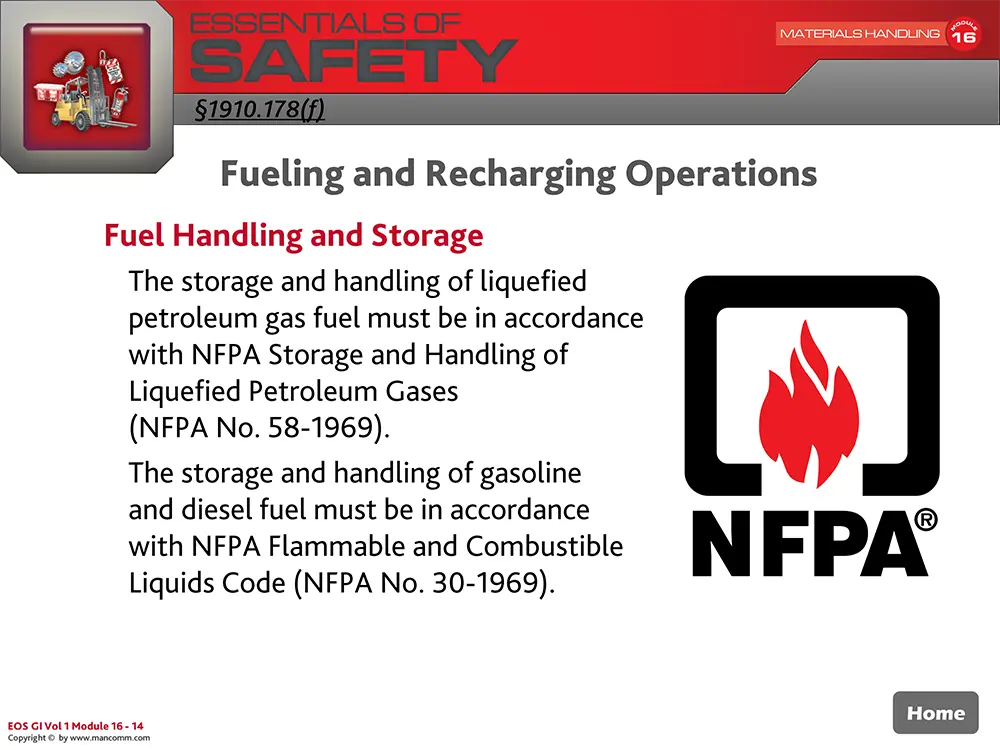 Safety training slide about fuel handling and storage with NFPA logo