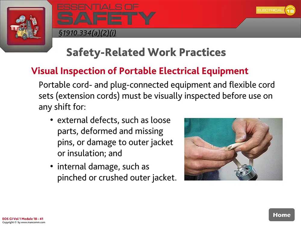 Safety training slide on visual inspection of portable electrical equipment with text and a hand holding a plug.