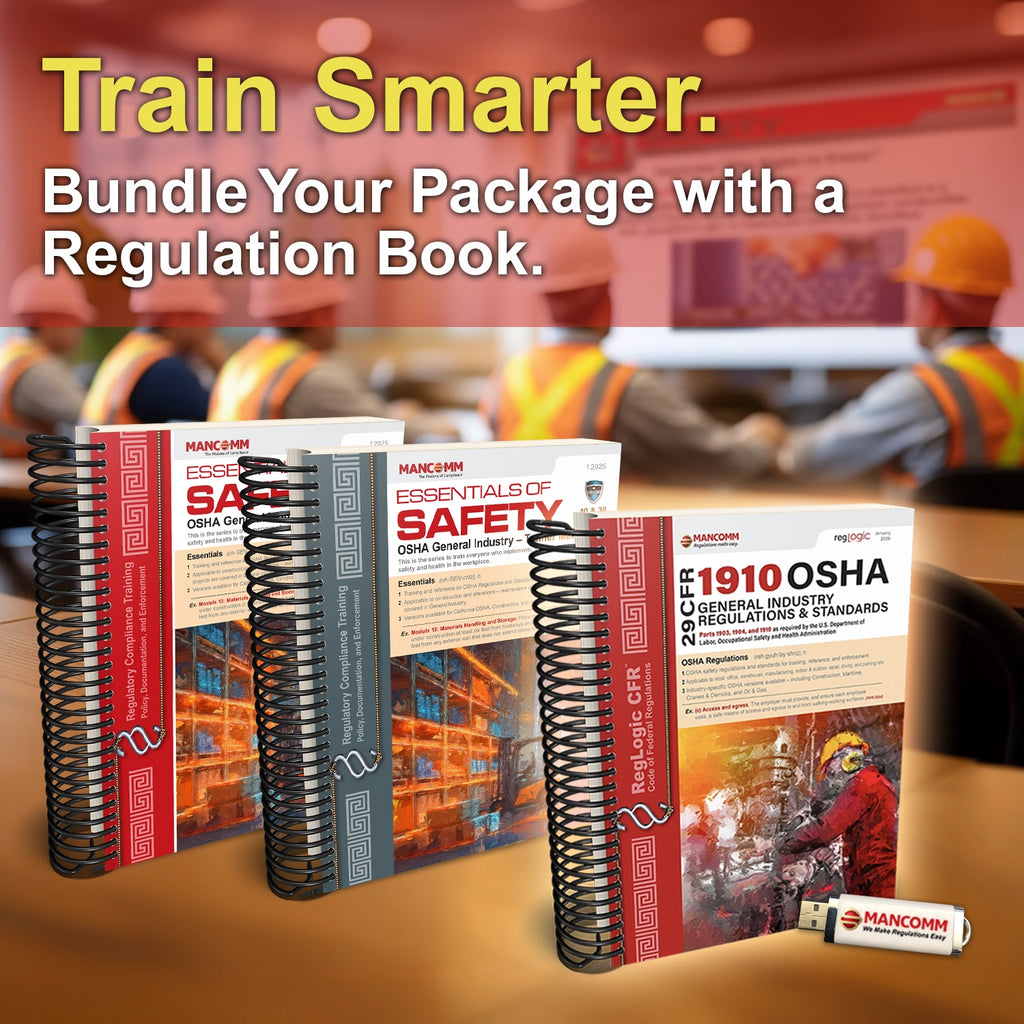 Promotional image showing Essentials of Safety OSHA general industry training manuals alongside a CFR 1910 regulations book and a branded USB drive on a desk, with workers in safety vests attending a presentation in the background and headline text encouraging users to train smarter by bundling a regulation book.