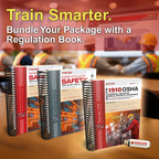 Promotional image showing Essentials of Safety OSHA general industry training manuals alongside a CFR 1910 regulations book and a branded USB drive on a desk, with workers in safety vests attending a presentation in the background and headline text encouraging users to train smarter by bundling a regulation book.