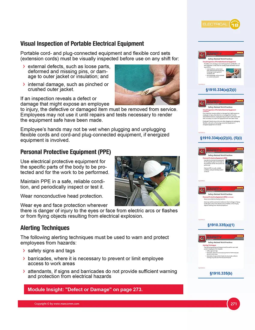 Safety training manual page on visual inspection of portable electrical equipment with text and images.