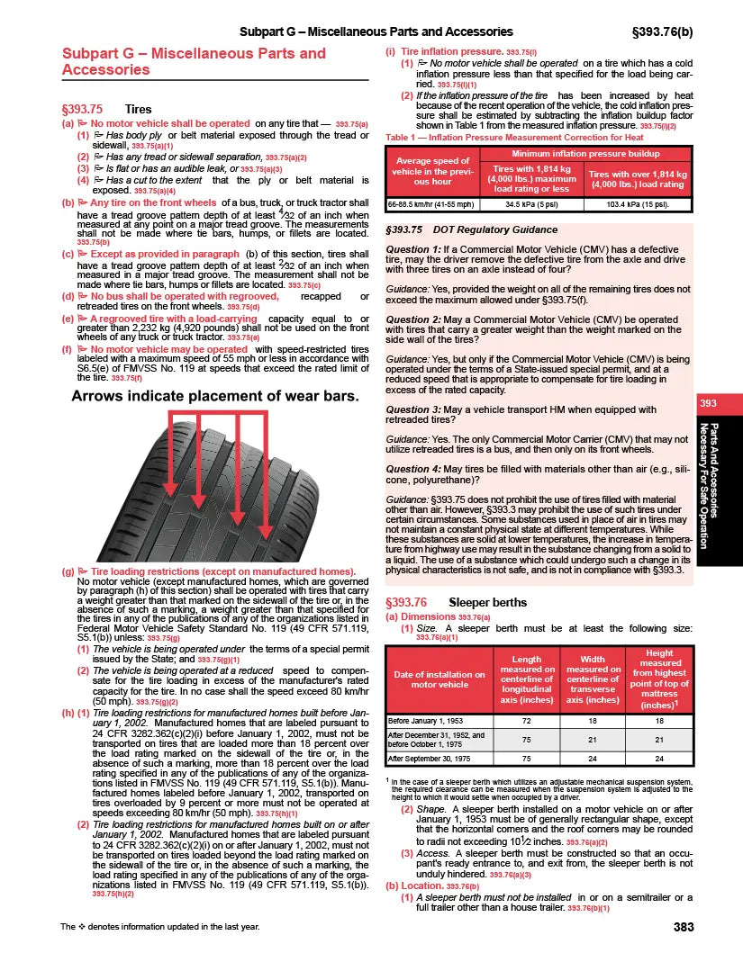 Technical document with text and diagrams on tires and vehicle parts, featuring a tire illustration with wear bar arrows.