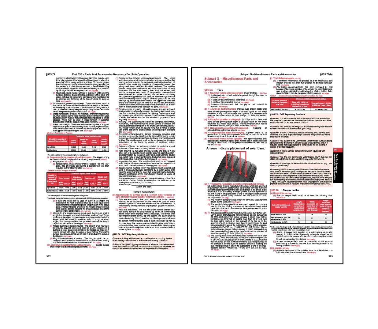 Two-page FMCSR Part 393 spread covering miscellaneous vehicle parts and accessories, including regulations on tires, tread depth, and sleeper berths, with diagrams indicating wear bar placement and tables outlining size and safety requirements.
