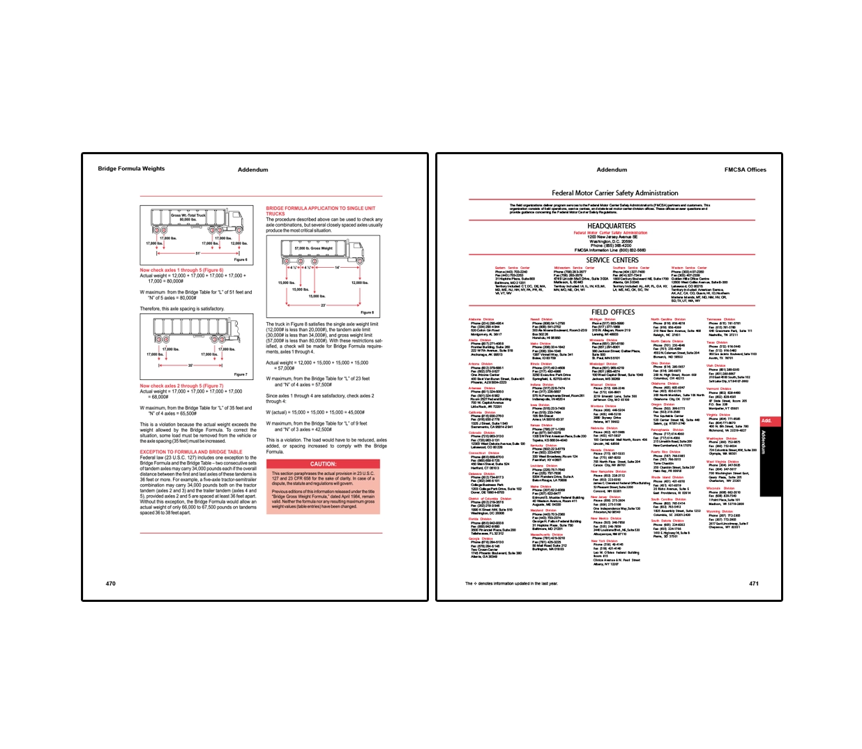 Two-page addendum covering bridge formula weight applications with axle spacing diagrams and calculation examples, alongside a directory of FMCSA headquarters, service centers, and field office contact information across the United States.