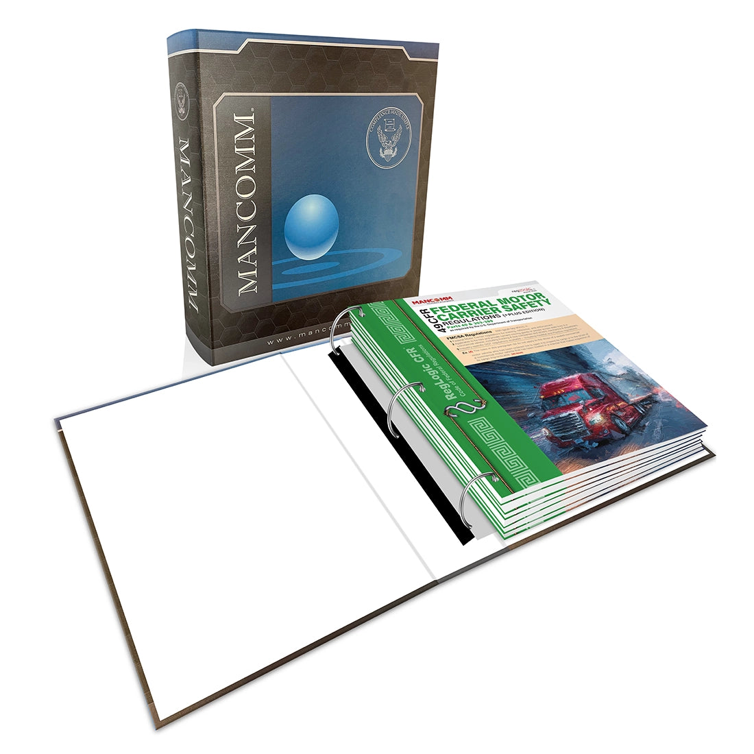 Mancomm 3-ring binder and book pages titled '49 CFR Federal Motor Carrier Safety Regulations' on a white background.