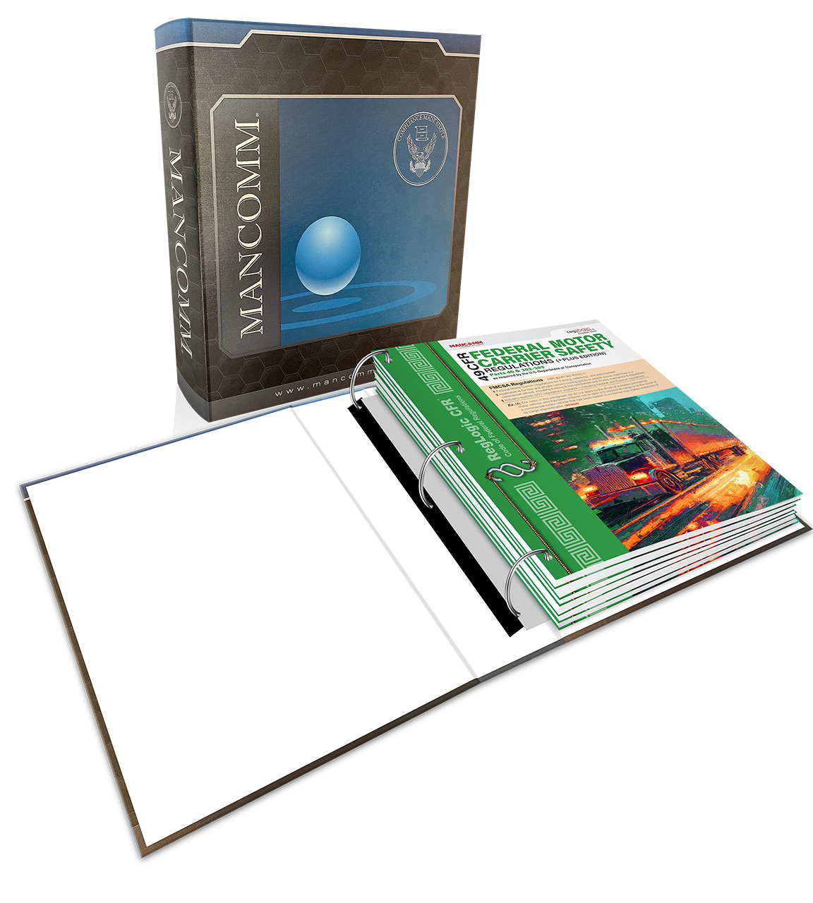 Mancomm branded book with a green cover on a white background