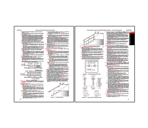 Two-page spread from OSHA general industry standards on fall protection showing detailed requirements for guardrail systems, stair rail measurements, and walking-working surfaces on the left page with labeled diagrams, while the right page covers fall protection systems, falling object protection, and ladder safety criteria with illustrated dimensions and compliance guidelines.