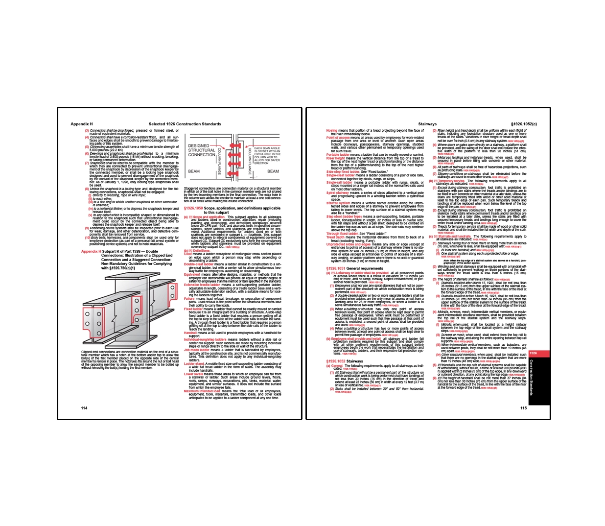Two-page spread from OSHA construction standards appendix covering structural connections and stairway safety, with the left page illustrating beam connections and connector requirements with a detailed diagram, and the right page outlining stairway design criteria including tread, riser, handrail, and clearance requirements with highlighted regulatory text.