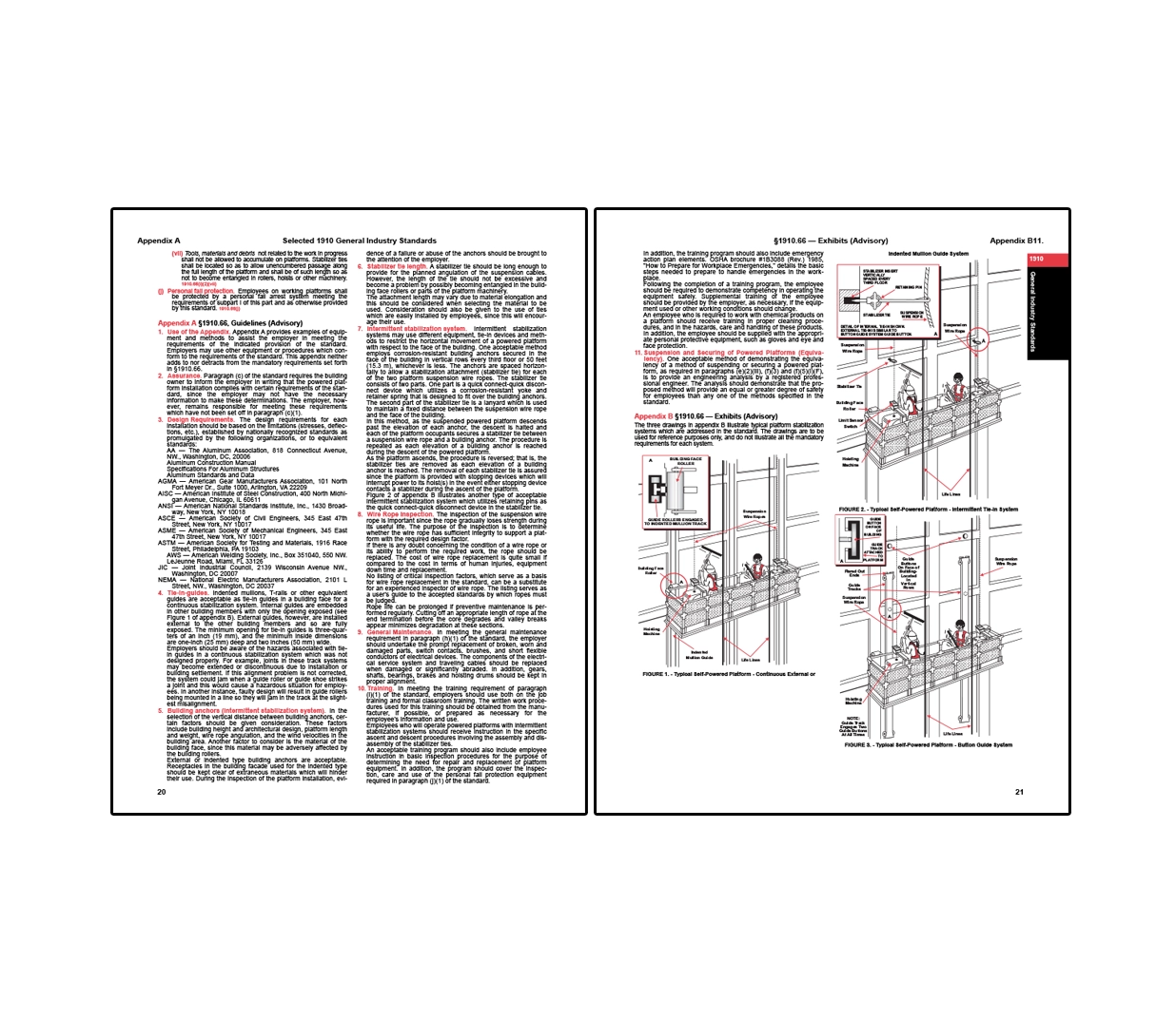 Two-page spread from OSHA general industry standards appendix providing advisory guidelines for powered platforms, with the left page containing detailed text on equipment design, anchorage, maintenance, and safety practices, and the right page featuring labeled diagrams of self-powered platforms and suspension systems illustrating components, tie-ins, and operational configurations.