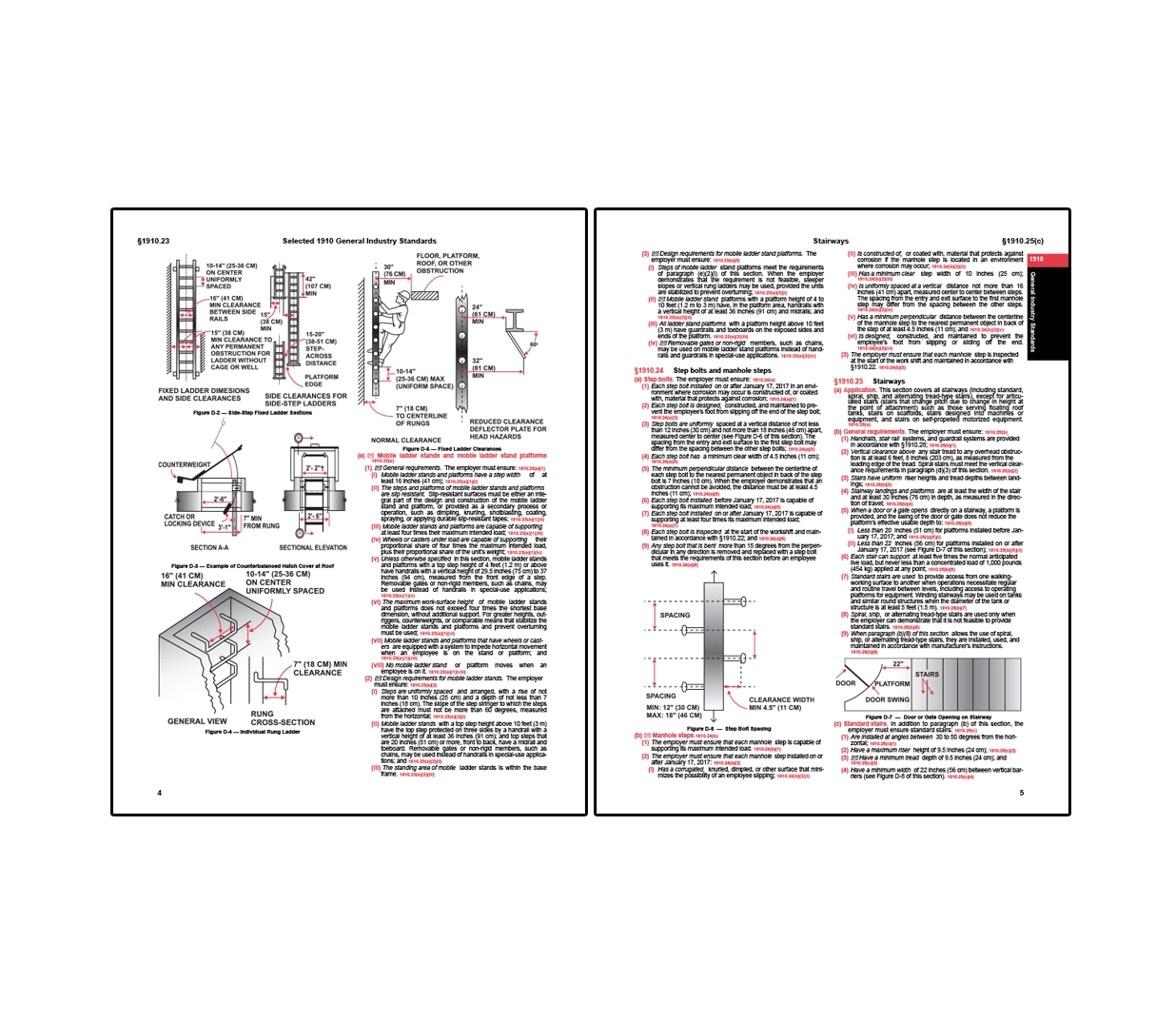 Two-page spread from OSHA general industry standards detailing ladder and stairway requirements, with the left page featuring diagrams of fixed ladders, rung spacing, clearances, and step configurations, and the right page outlining stairway safety criteria including dimensions, spacing, handrails, and platform access with labeled illustrations.