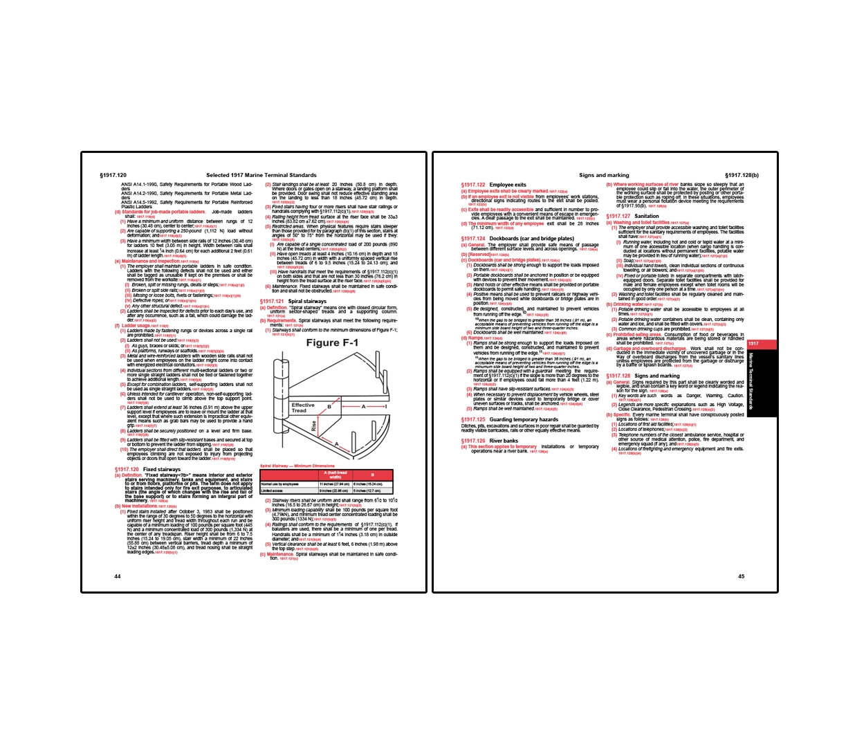 Two-page spread from OSHA marine terminal standards covering stairways, ladders, and workplace safety requirements, with the left page featuring a labeled diagram of stairway dimensions and specifications alongside detailed text, and the right page outlining regulations for signs, marking, sanitation, and fire protection with structured bullet points and highlighted section headings.