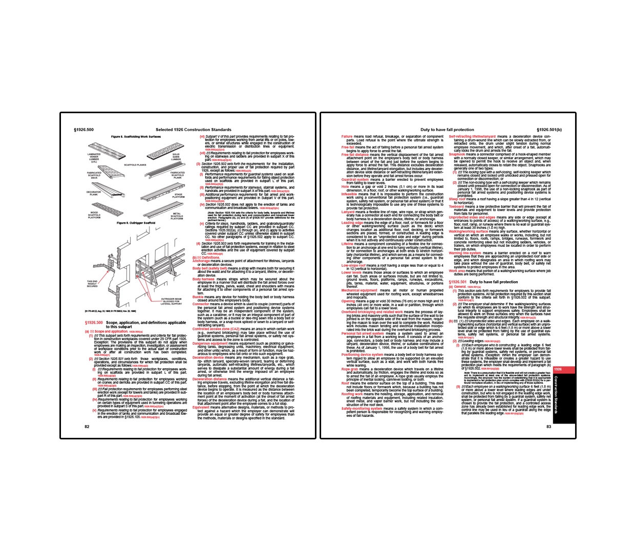 Two-page spread from OSHA construction standards covering scaffold work surfaces and fall protection requirements, with the left page illustrating different scaffold platform types and outlining scope and definitions, and the right page detailing employer duties for fall protection, including system components, hazard definitions, and safety criteria for preventing falls and falling object injuries.