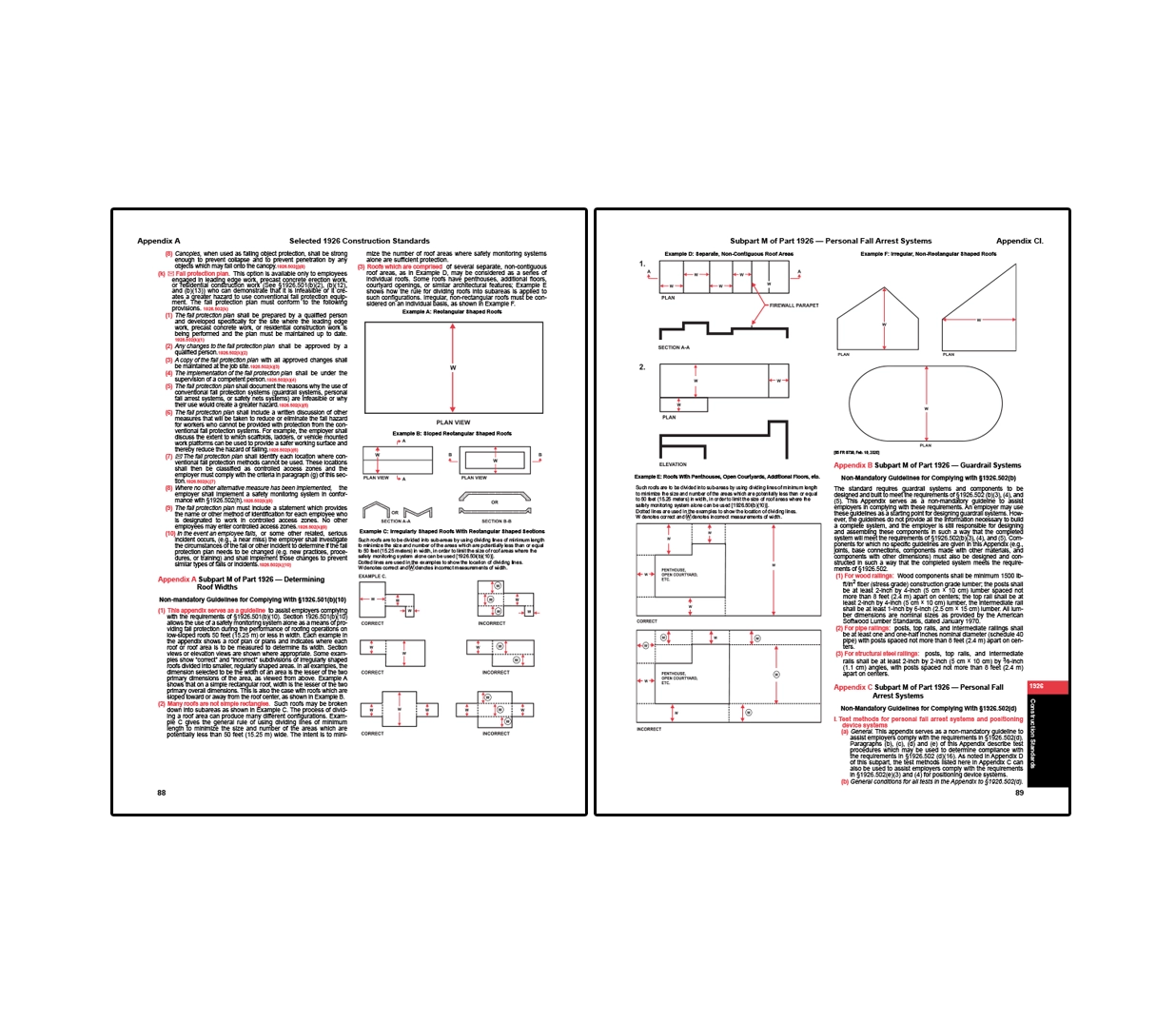 Two-page spread from OSHA construction standards appendix covering fall protection planning and personal fall arrest systems, with the left page presenting guidelines for determining roof widths and protection plans using diagrams of various roof shapes, and the right page illustrating proper placement and configuration of fall arrest systems and guardrails with labeled plan and elevation drawings.