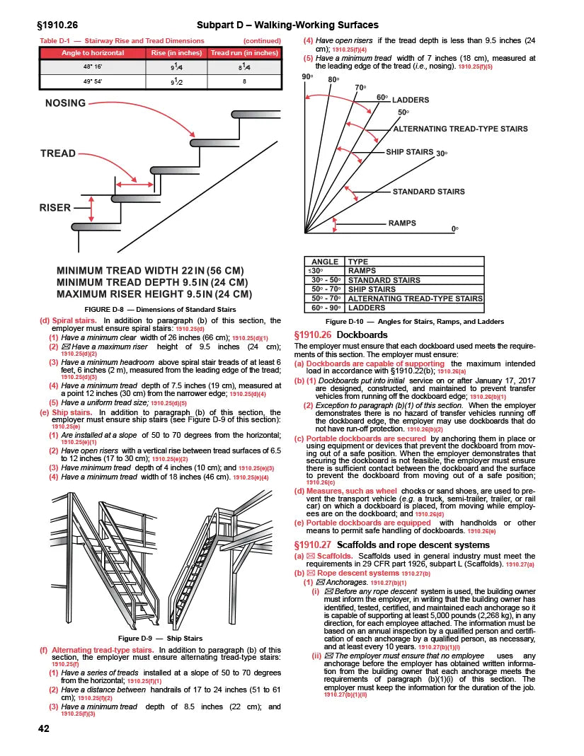 Technical document on stair design and safety standards with diagrams and text.