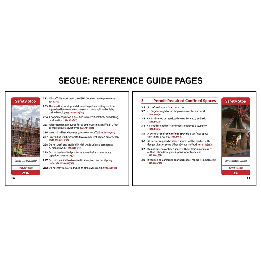 Image displaying a segue book reference guide two page spread with two OSHA training pages covering scaffold safety requirements and permit required confined spaces, including rules for fall protection, inspections, and hazard identification alongside safety stop examples.