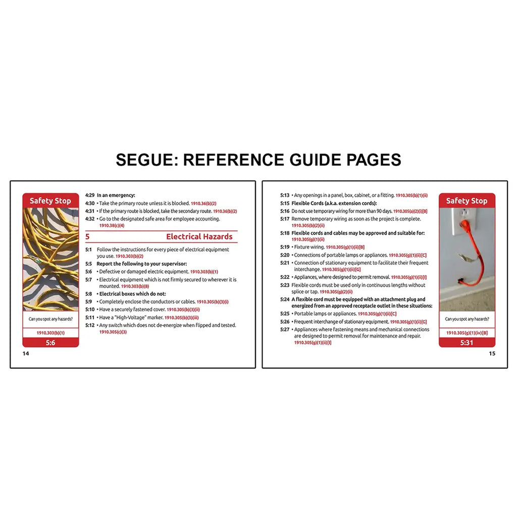 Image displaying a segue book reference guide two page spread with two OSHA training pages focused on electrical hazards, including equipment safety rules, wiring and cord requirements, and safety stop examples highlighting exposed wires and improper electrical connections.