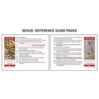 Image displaying a segue book reference guide two page spread with two OSHA training pages focused on electrical hazards, including equipment safety rules, wiring and cord requirements, and safety stop examples highlighting exposed wires and improper electrical connections.