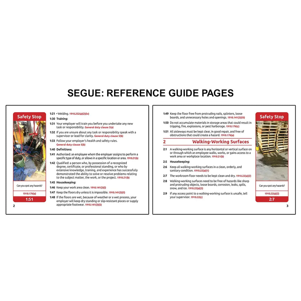 Image displaying a segue reference guide two page spread with two sample OSHA training pages featuring safety stop hazard identification examples, welding and training guidelines, and walking working surfaces housekeeping and safety requirements.