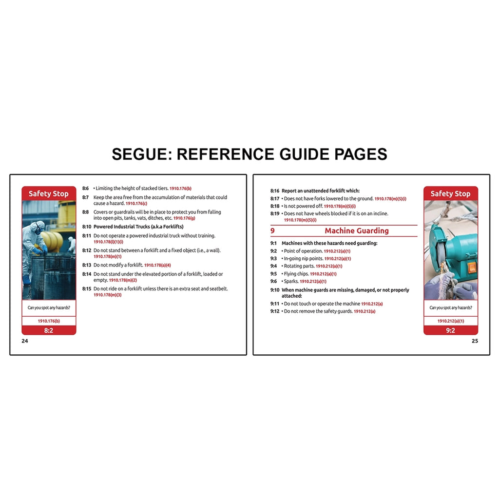 Image displaying a segue book reference guide two page spread with two OSHA training pages covering powered industrial truck safety and machine guarding requirements, including hazard awareness rules and safety stop examples showing forklift risks and machinery hazards.
