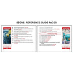 Image displaying a segue book reference guide two page spread with two OSHA training pages covering powered industrial truck safety and machine guarding requirements, including hazard awareness rules and safety stop examples showing forklift risks and machinery hazards.