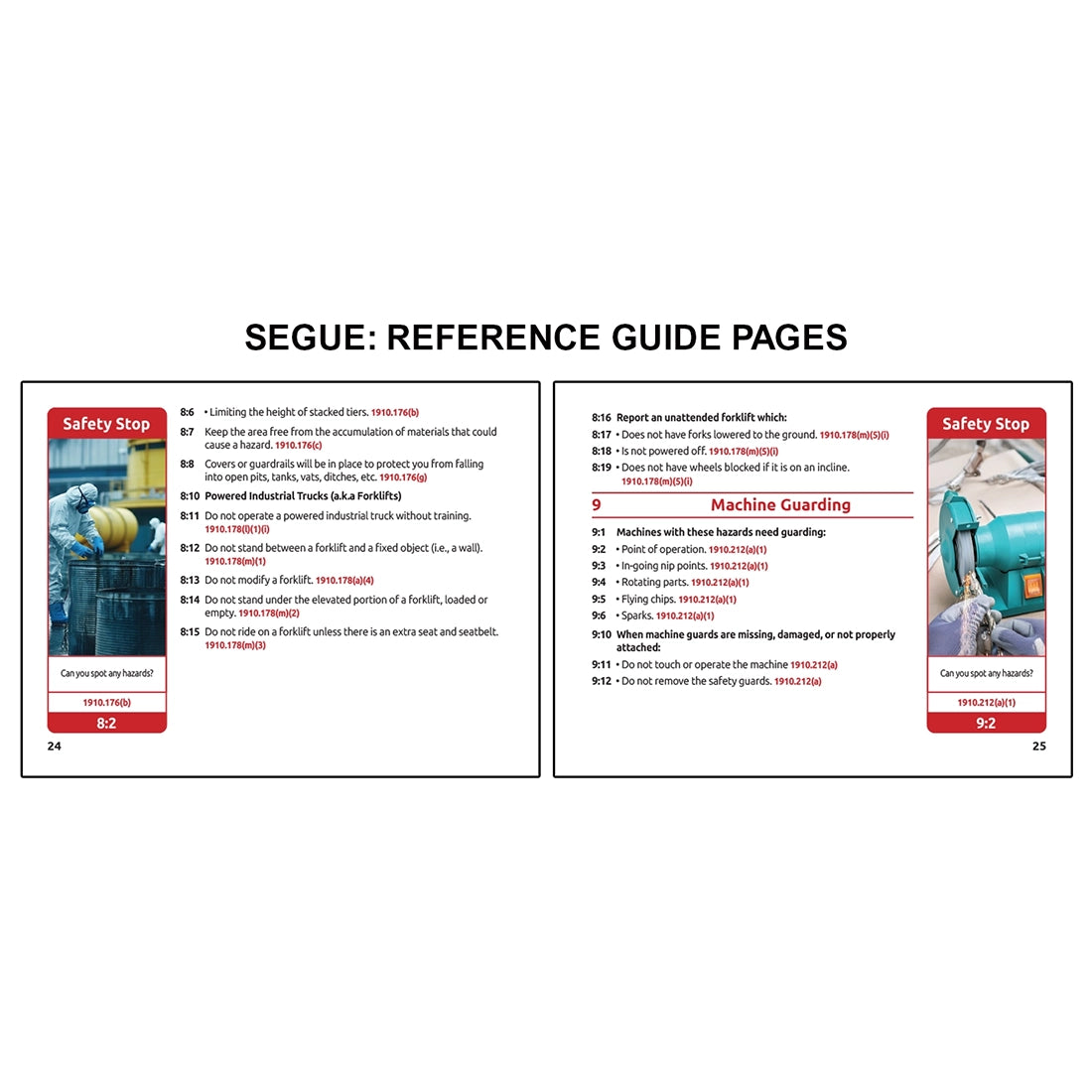 Image displaying a segue book reference guide two page spread with two OSHA training pages covering powered industrial truck safety and machine guarding requirements, including hazard awareness rules and safety stop examples showing forklift risks and machinery hazards.