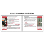 Image displaying a segue book reference guide two page spread with two OSHA training pages covering bench grinder safety and lockout tagout procedures, including definitions, device requirements, and safety stop examples showing equipment hazards and locked energy sources.