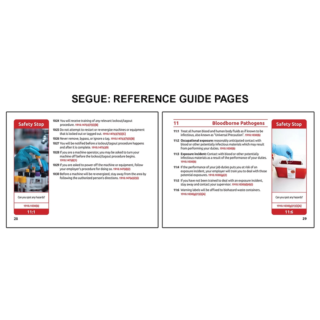 Image displaying a segue book reference guide two page spread with two OSHA training pages covering lockout tagout procedures and bloodborne pathogen safety, including training requirements, exposure precautions, and safety stop examples showing laboratory handling and biohazard disposal risks.