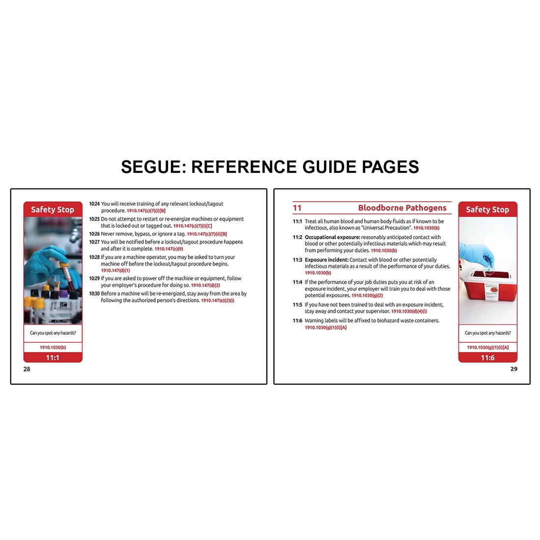 Image displaying a segue book reference guide two page spread with two OSHA training pages covering lockout tagout procedures and bloodborne pathogen safety, including training requirements, exposure precautions, and safety stop examples showing laboratory handling and biohazard disposal risks.