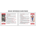 Image displaying a segue book reference guide two page spread with two OSHA training pages focused on ladder safety requirements, including inspection, proper use, load limits, and safety stop hazard identification examples with photos of ladder-related risks.