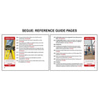 Image displaying a segue book reference guide two page spread with two OSHA training pages covering ladder safety practices, mobile ladder stands, dockboards, and scaffolds, along with safety stop hazard identification examples showing improper ladder use and worksite risks.