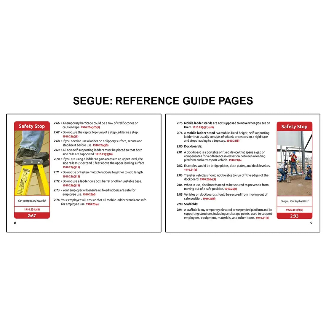 Image displaying a segue book reference guide two page spread with two OSHA training pages covering ladder safety practices, mobile ladder stands, dockboards, and scaffolds, along with safety stop hazard identification examples showing improper ladder use and worksite risks.