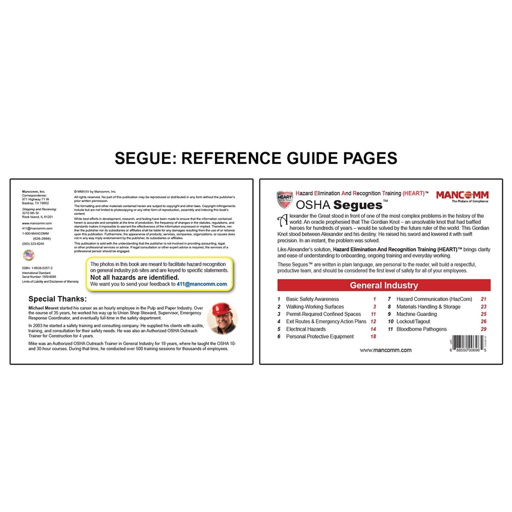 Image displaying a segue reference guide two page spread with two example book pages, including publication information, acknowledgments, and an OSHA training modules overview for general industry.