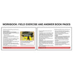 Open workbook spread showing Walking-Working Surfaces training with a ladder safety exercise on the left page featuring a worker on a step ladder and prompts for identifying hazards and OSHA regulations, alongside a reference page on the right detailing ladder safety rules, dockboard use, and scaffold requirements with structured bullet points and compliance guidance.