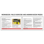 Open workbook spread with instructor's answers showing Walking-Working Surfaces training with a ladder safety exercise on the left page featuring a worker on a step ladder and prompts for identifying hazards and OSHA regulations, alongside a reference page on the right detailing ladder safety rules, dockboard use, and scaffold requirements with structured bullet points and compliance guidance.