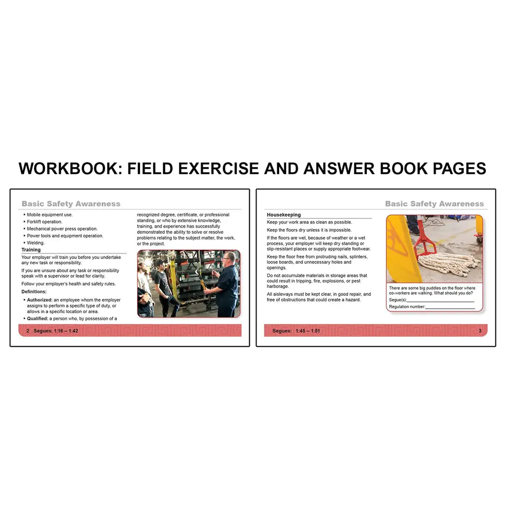 Open workbook spread titled Basic Safety Awareness showing training topics such as equipment use, forklift operation, and workplace responsibilities on the left page with an image of workers receiving instruction, alongside a housekeeping-focused exercise on the right page featuring a wet floor hazard scenario with prompts to identify risks and reference OSHA regulations.