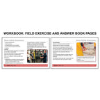 Open workbook spread titled Basic Safety Awareness showing training topics such as equipment use, forklift operation, and workplace responsibilities on the left page with an image of workers receiving instruction, alongside a housekeeping-focused exercise on the right page featuring a wet floor hazard scenario with prompts to identify risks and reference OSHA regulations.