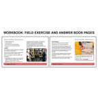 Open workbook spread with instructor's answers titled Basic Safety Awareness showing training topics such as equipment use, forklift operation, and workplace responsibilities on the left page with an image of workers receiving instruction, alongside a housekeeping-focused exercise on the right page featuring a wet floor hazard scenario with prompts to identify risks and reference OSHA regulations.